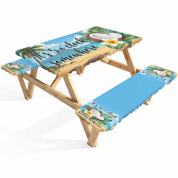 Summer Beach Picnic Table Cover with Bench Covers It's 5 O'clock Somewhere Tropical Coconut Floral Waterproof Fitted Picnic Tablecloth 3 Pieces Set Table Cloth for Outdoor Camping Garden BBQ