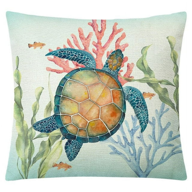 Summer Beach Pillow Cover 18x18inch Ocean Nautical Coastal Sea Turtle