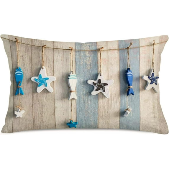 Summer Beach Pillow Covers 12x20 Inch Vintage Wood with Starfish Ocean Sea Throw Waist Pillow Cases Cotton Linen Coastal Nautical Home Outdoor Decor Cushion Cover for Sofa Couch