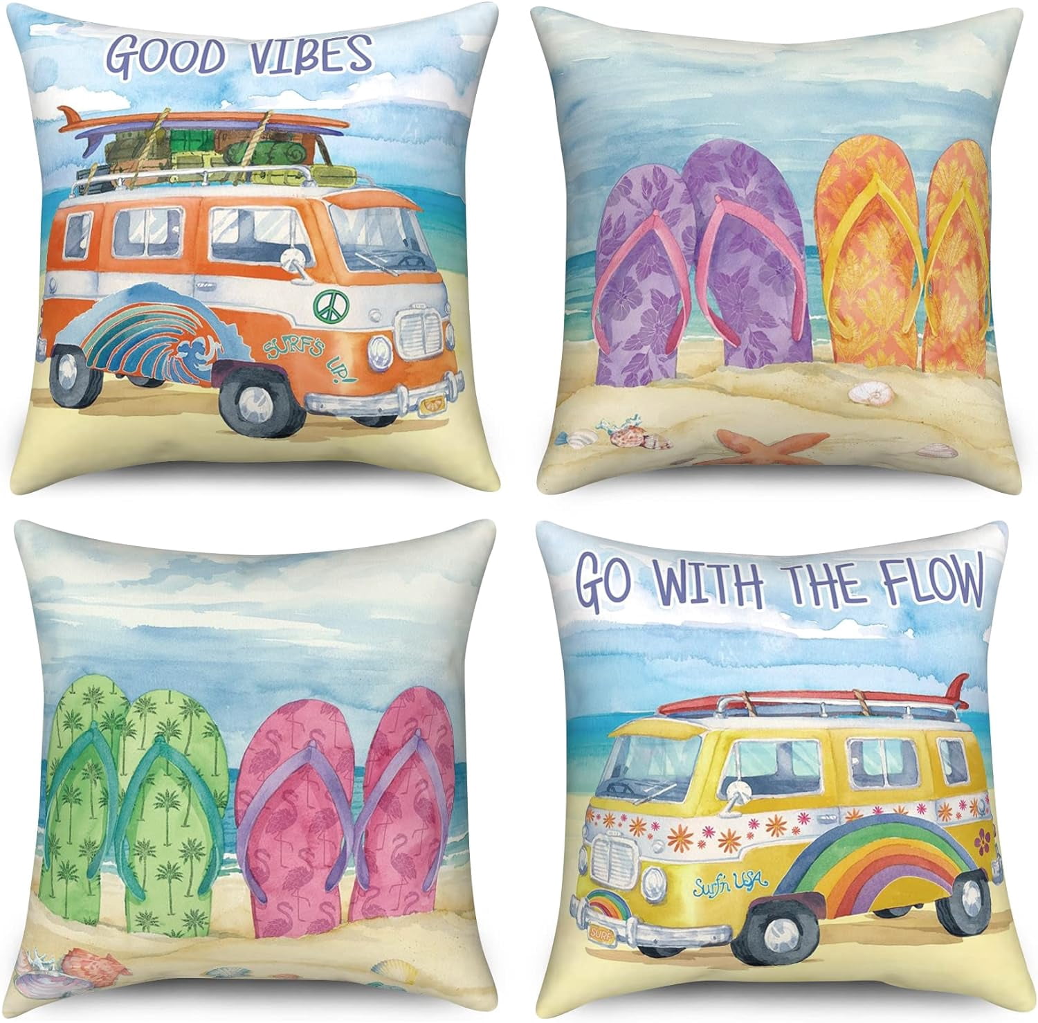 Summer Beach Pillow Covers 20x20 Set of 4, Summer Outdoor Decor Throw Pillow Covers Flip Flops Pillowcase Sea Ocean Cushion Case for Home Living Room Yard