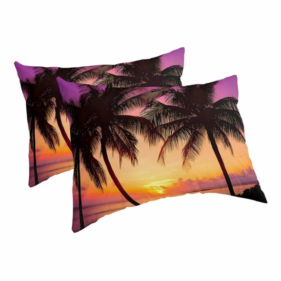 Summer Beach Pillow Covers Decorative Pillow Cases Queen Size Set of 2, Ocean Orange Sunset Shoreline Seascape Throw Pillow Cover Envelope Closure Pillow Sham Cover for Sofa 20x36 Inch