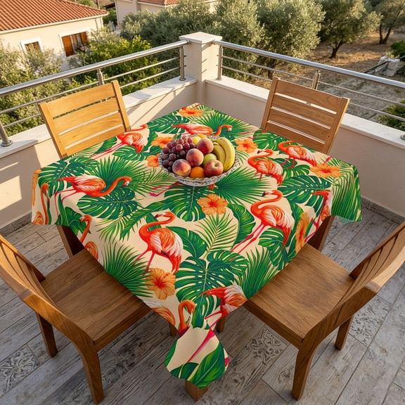 Summer Beach Pink Flamingo Table Cloth 60x60in, Waterproof Square Tablecloth Wipeable Tablecloths Green Tropical Leaves Table Covers for Dining Tables Party Indoor Outdoor