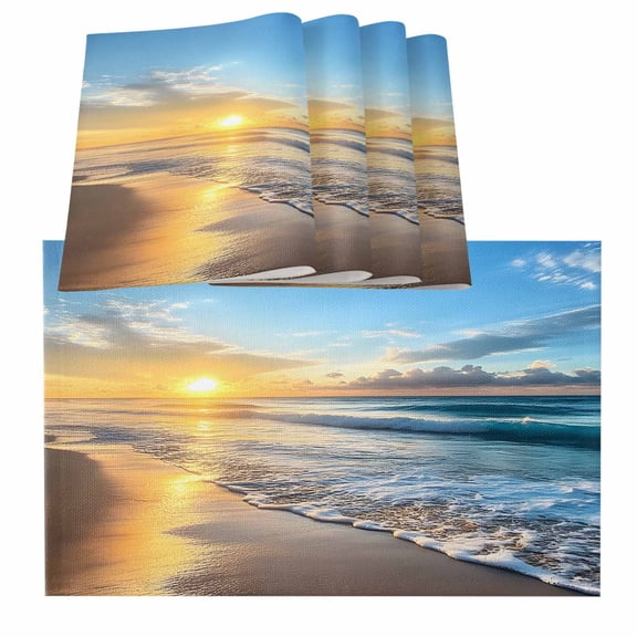 Summer Beach Placemats for Dinning Table Set of 4, Sunset Ocean Coastal Nautical Burlap Kitchen Place Mats Waterproof Cloth Table Mats, Indoor Outdoor Placemats Easy Clean Dinner Decor