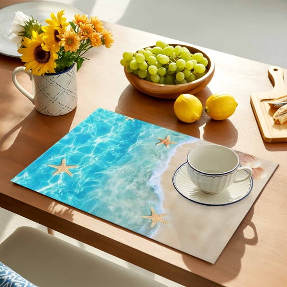 Summer Beach Placemats Set of 1, Blue Teal Ocean Waves Beige Sand Starfish Shells Non-Slip Place Mats Washable Table Mats for Kitchen Dining Table Decorations Indoor/Outdoor