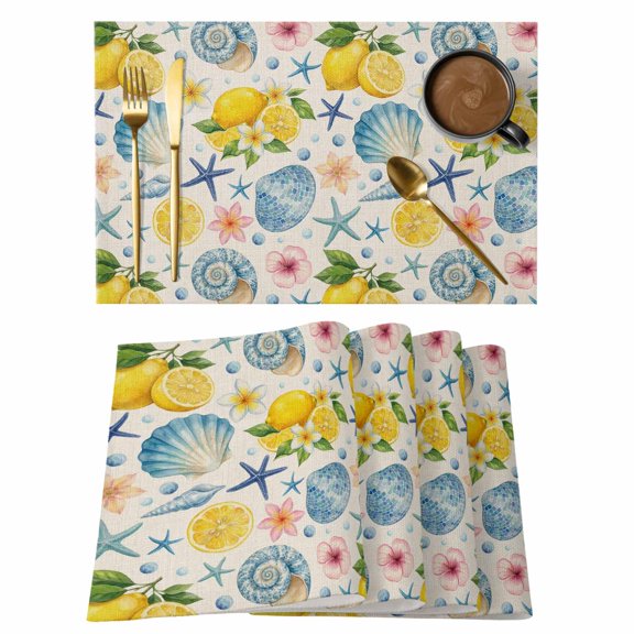 Summer Beach Placemats Set of 1, Ocean Starfish Shell Coastal Conch Lemon Flowers Non-Slip Place Mats Washable Table Mats for Kitchen Dining Table Decorations Indoor/Outdoor