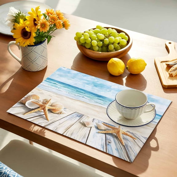 Summer Beach Placemats Set of 1, Ocean Starfish Shell Plank Nautical Non-Slip Place Mats Washable Table Mats for Kitchen Dining Table Decorations Indoor/Outdoor
