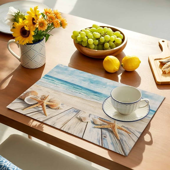 Summer Beach Placemats Set of 1, Ocean Starfish Shell Plank Vintage Non-Slip Place Mats Washable Table Mats for Kitchen Dining Table Decorations Indoor/Outdoor