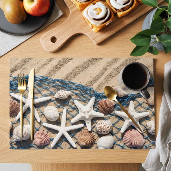 Summer Beach Placemats Set of 1, Seaside Starfish Shell Fishing Net Conch Sand Heat Insulated Linen Place Mats, Washable Stain-Proof Table Mats for Dining Tables Holiday Decor 13x19 Inches