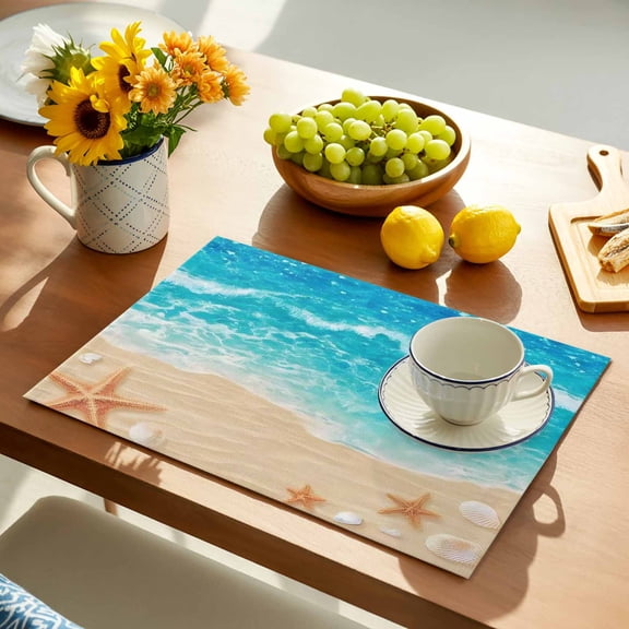 Summer Beach Placemats Set of 1, Teal Blue Ocean Waves Beige Sand Starfish Shells Non-Slip Place Mats Washable Table Mats for Kitchen Dining Table Decorations Indoor/Outdoor