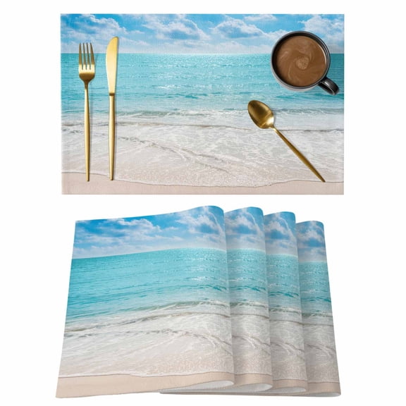 Summer Beach Placemats Set of 2, Cotton Linen Fabric Place Mats, Blue Coastal Ocean Seaside Nautical Washable Decorative Table Mats Protector for Home Kitchen Dining Wedding Party Coffee Tables