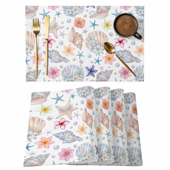 Summer Beach Placemats Set of 2, Ocean Starfish Shell Coastal Conch Cute Flower Non-Slip Place Mats Washable Table Mats for Kitchen Dining Table Decorations Indoor/Outdoor