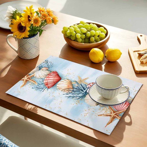 Summer Beach Placemats Set of 2, Theme Shell Starfish Coral Nautical Coastal Non-Slip Place Mats Washable Table Mats for Kitchen Dining Table Decorations Indoor/Outdoor