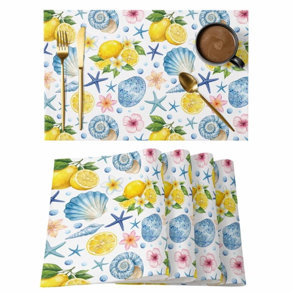 Summer Beach Placemats Set of 6, Ocean Starfish Shell Coastal Conch Lemon Flower Non-Slip Place Mats Washable Table Mats for Kitchen Dining Table Decorations Indoor/Outdoor