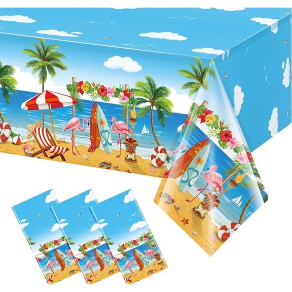 Summer Beach Plastic Tablecloth Party Decorations, Disposable Aloha Luau Hawaiian Tablecloth, Flamingo Surfboard Table Cover for Summer Beach Pool Hawaiian Theme Party Decorations, 54 x 72Inch