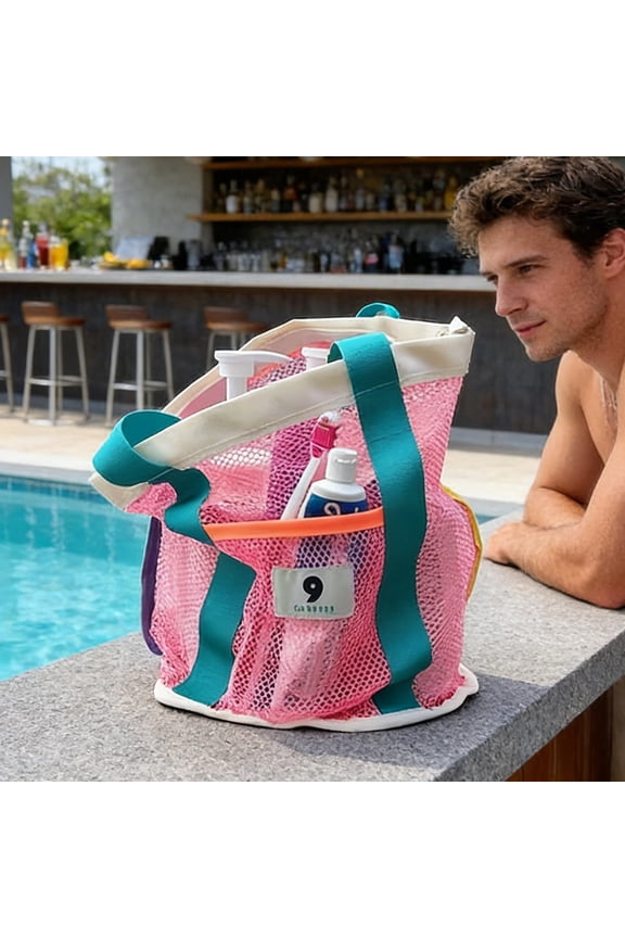 Summer Beach Pool Bag, Mesh Quick Dry Swim Equipment Storage Bag With Multi-Pocket, Portable Nylon Beach Tote Handbag for Pool Swimming Gym Shower Toiletries