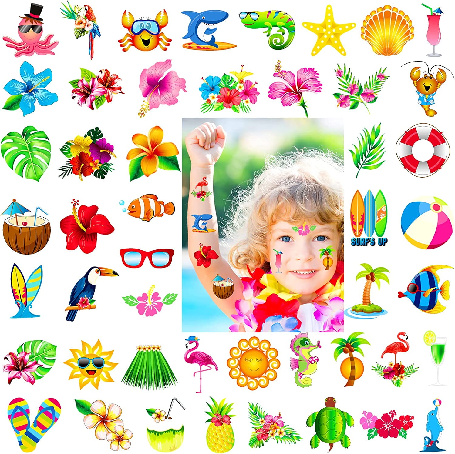 Summer Beach Pool Hawaiian Luau Themed Temporary Tattoos for Kids & Adults, 96 Assorted Tropical Tattoos, Tropical Party Decoration Supplies, Kids Birthday Party Bag Filler, Party Favors