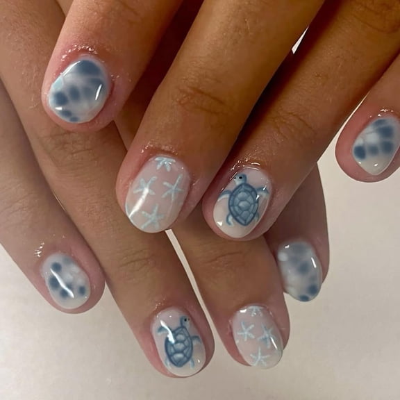 Summer Beach Press on Nails Short Square Fake Nails White Blue Nails Press ons with Starfish Turtle Design Reusable Artificial Nail Full Cover Glue on Nail Stick on Nails for Women Manicure 24 Pcs