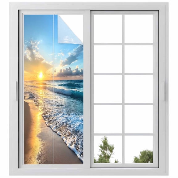 Summer Beach Privacy Window Film, Decorative Frosted Glass Window Film, Sunset Ocean Coastal Nautical Reusable Peel and Stick Static Cling for Home Bathroom Office Glass Door 23.6"x59"