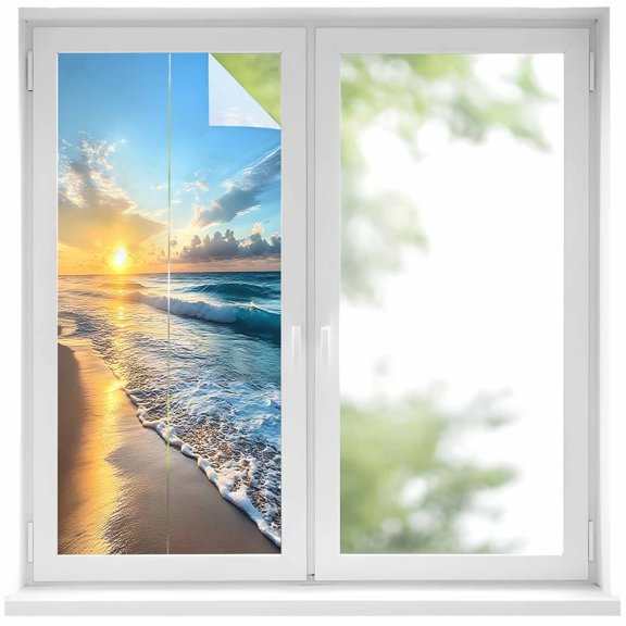 Summer Beach Privacy Window Film, Decorative Frosted Glass Window Film, Sunset Ocean Coastal Nautical Reusable Peel and Stick Static Cling for Home Bathroom Office Glass Door 17.7"x39.3"