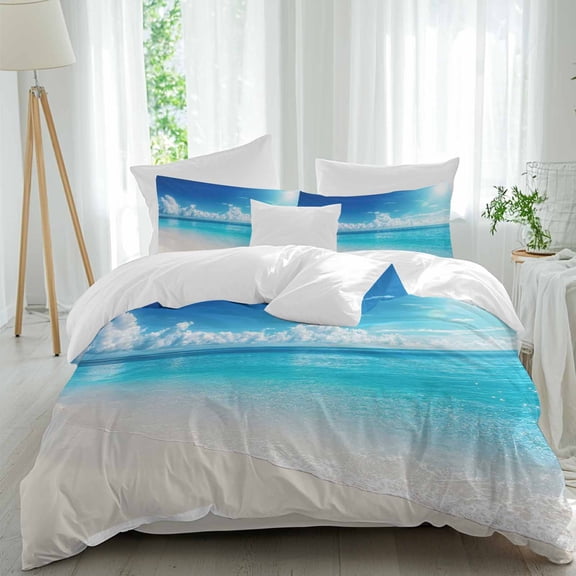 Summer Beach Queen Size Comforter Set, Blue Sky Cloud Ocean Sea View Bedding for All Seasons, 4 Pcs Bed Set, 1Quiltcover (90"x92") ,1Sheet(94"x116"), 2Pillowcases (30"x20")