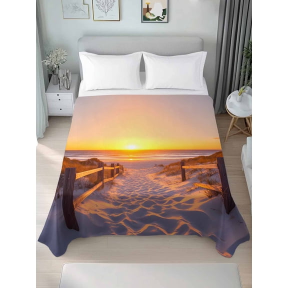 Summer Beach Queen Size Flat Sheet, Wrinkleproof & Fadeproof Cooling Flat Bed Sheet Only, Sunset Nautical Ocean Sea Breathable Soft Bedding Top Sheets 90 x 102 Inches