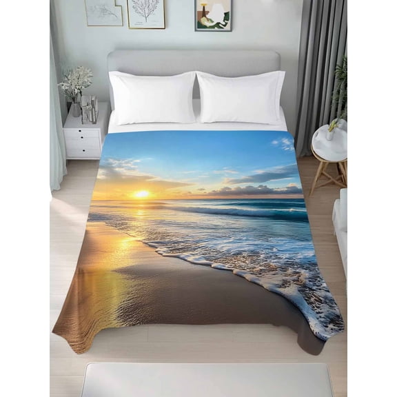 Summer Beach Queen Size Flat Sheet, Wrinkleproof & Fadeproof Cooling Flat Bed Sheet Only, Sunset Ocean Coastal Nautical Breathable Soft Bedding Top Sheets 90 x 102 Inches
