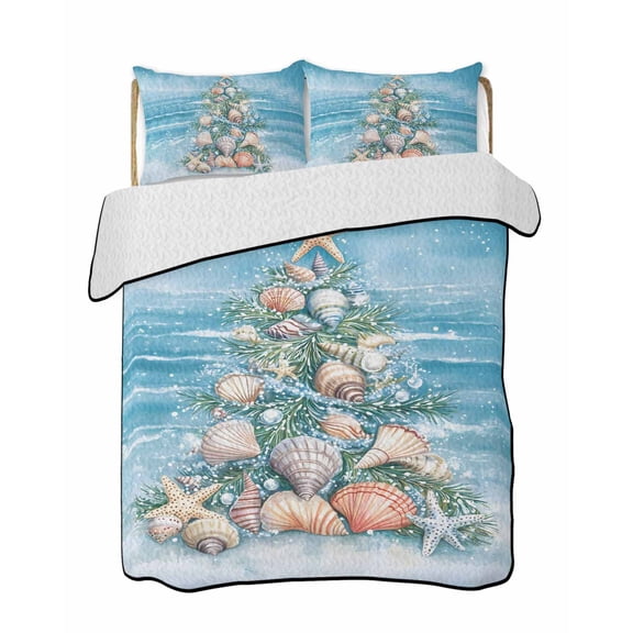 Summer Beach Quilts Bedding Set California King Ocean Wave Marine Life Starfish Shell Tree Lightweight Quilted Bedspread 3 Piece Bed Quilt with 2 Pillow Shams All Season for Bedroom 96" x 106"