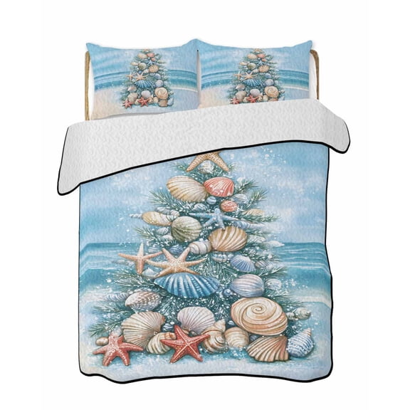 Summer Beach Quilts Bedding Set California King Shell Starfish Coastal Marine Life Tree Lightweight Quilted Bedspread 3 Piece Bed Quilt with 2 Pillow Shams All Season for Bedroom 96" x 106"