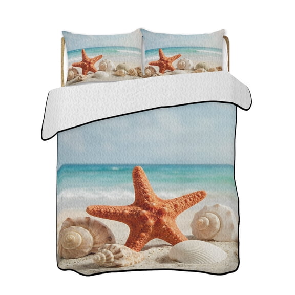 Summer Beach Quilts Bedding Set King Size Vacation Sand Starfish Seashell Blue Sky Sea Wave Lightweight Quilted Bedspread 3 Piece Bed Quilt with 2 Pillow Shams All Season for Bedroom 90" x 96"