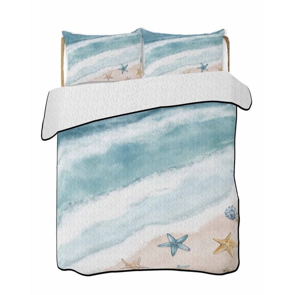Summer Beach Quilts Bedding Set Queen Size Abstract Gradient Green Ocean Waves Starfish Seashell Lightweight Quilted Bedspread 3 Piece Bed Quilt with 2 Pillow Shams All Season for Bedroom 78" x 90"