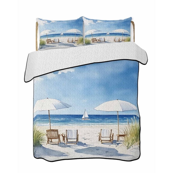 Summer Beach Quilts Bedding Set Queen Size Sun Umbrella Blue Sky Lightweight Quilted Bedspread 3 Piece Bed Quilt with 2 Pillow Shams All Season for Bedroom 78" x 90"