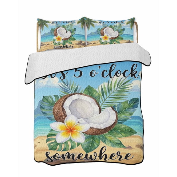 Summer Beach Quilts Bedding Set Twin Size It's 5 O'clock Somewhere Tropical Coconut Floral Lightweight Quilted Bedspread 3 Piece Bed Quilt with 2 Pillow Shams All Season for Bedroom 68" x 86"