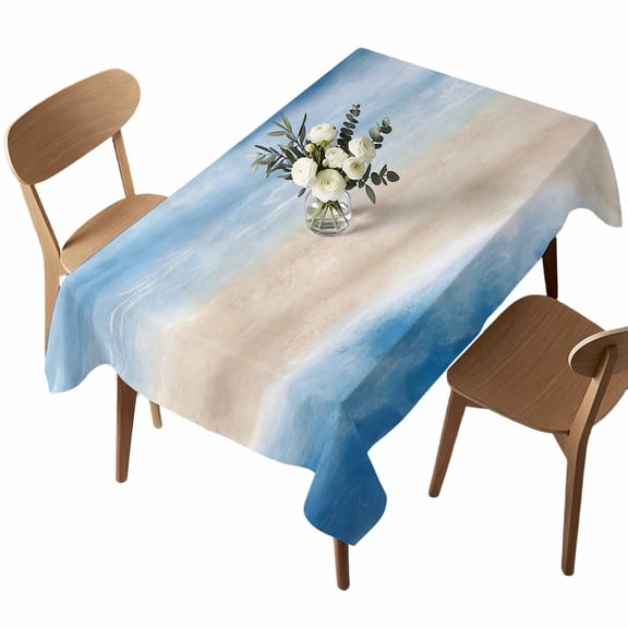 Summer Beach Rectangle Tablecloth Dark Blue Gradient Ocean Wave Beige Sand Abstract Waterproof Wrinkle Free Soft Table Cloth Spill-Proof Washable Table Cover for Dining Party Picnic 52 x 70 Inch