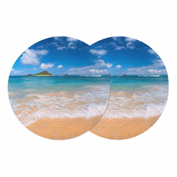 Summer Beach Round 13 Inch Placemats Set of 2, Coastal Seaside Ocean Vacation HeatResistant Non Slip Place Mats for Dining Table, Wipeable Braided Kitchen Table Mats for Housewarming