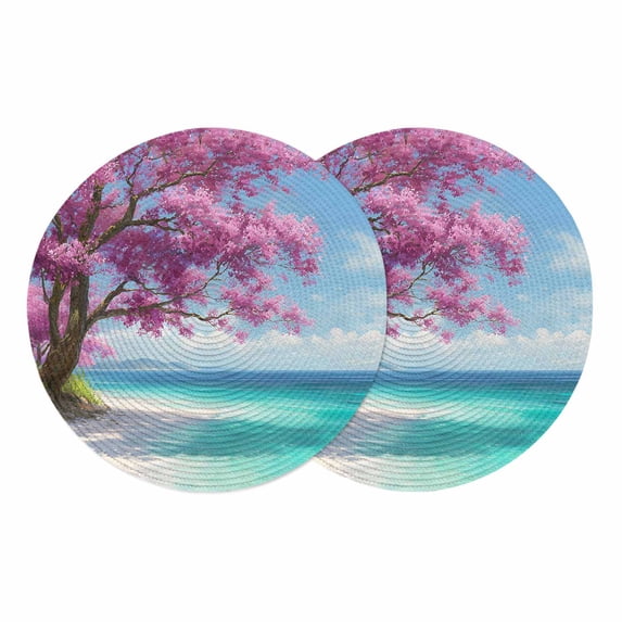 Summer Beach Round 13 Inch Placemats Set of 2, Pink Tree Blue Coastal Ocean Natural Scenery HeatResistant Non Slip Place Mats for Dining Table, Wipeable Braided Kitchen Table Mats for Housewarming