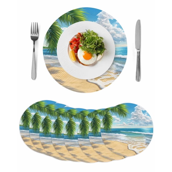 Summer Beach Round 13 Inch Placemats Set of 8, Coastal Ocean Tropical Palm Trees HeatResistant Non Slip Place Mats for Dining Table, Wipeable Braided Kitchen Table Mats for Housewarming