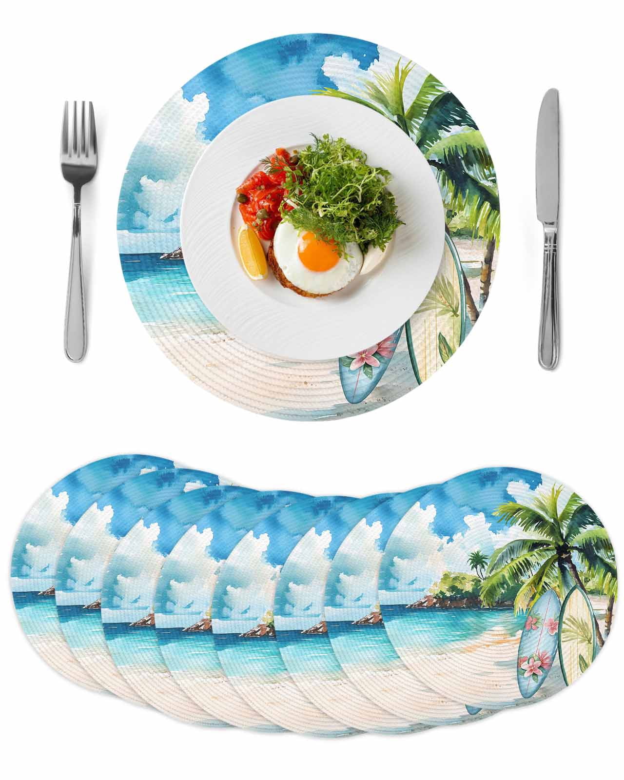 Summer Beach Round 13 Inch Placemats Set of 8, Tropical Coastal Palm ...
