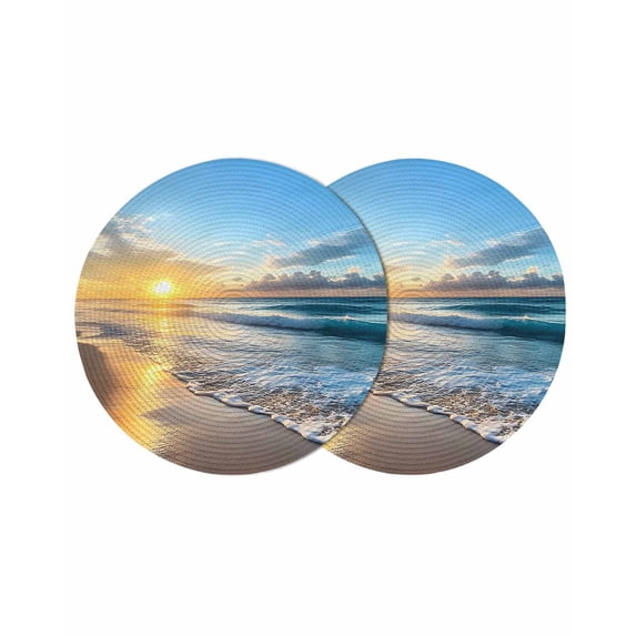 Summer Beach Round 15 Inch Placemats Set of 2, Sunset Ocean Coastal Nautical HeatResistant Non Slip Place Mats for Dining Table, Wipeable Braided Kitchen Table Mats for Housewarming