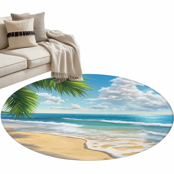 Summer Beach Round Area Rug 3 FT, Small Kitchen Bathroom Mat, Coastal Ocean Tropical Palm Trees Washable Indoor Outdoor Throw Runner Carpet Non-Shedding Doormat for Table Shower Sofa Entryway