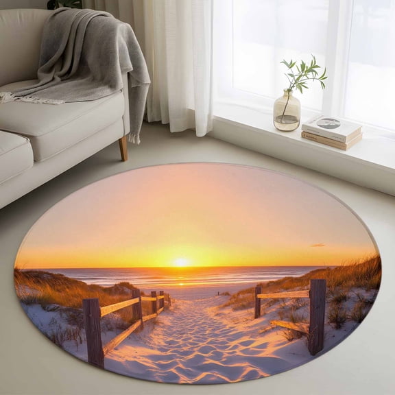 Summer Beach Round Area Rug 4 FT, Non Slip Indoor Outdoor Rug, Sunset Nautical Ocean Sea Washable Soft Circular Carpet Non-Shedding Floor Mat for Coffee Table Nursery Foyer Balcony