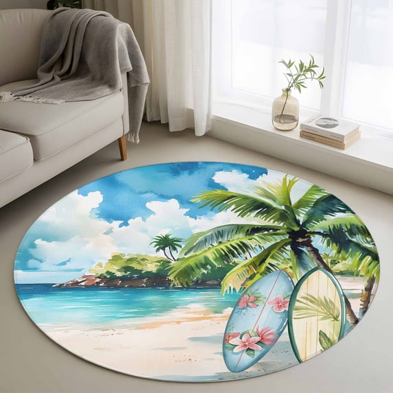 Summer Beach Round Area Rug 4 FT, Non Slip Indoor Outdoor Rug, Tropical Coastal Palm Tree Surfboard Washable Soft Circular Carpet Non-Shedding Floor Mat for Coffee Table Nursery Foyer Balcony