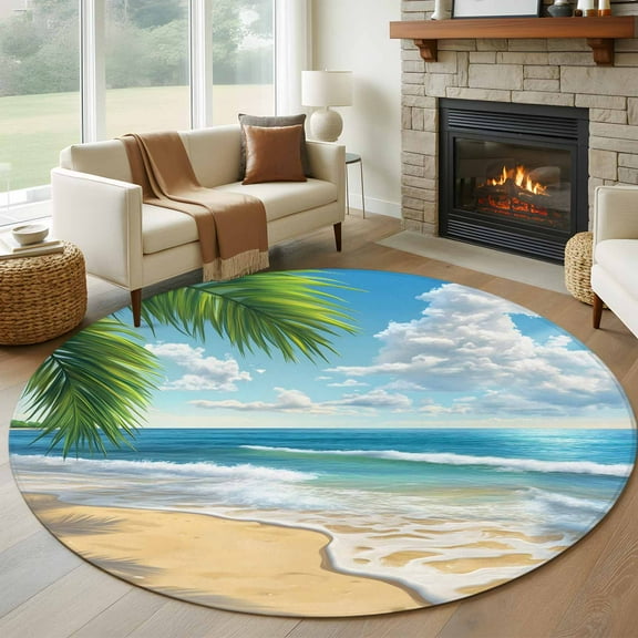 Summer Beach Round Area Rug 6 FT, Non Slip Bedroom Area Rug, Coastal Ocean Tropical Palm Trees Washable Soft Circular Carpet Non-Shedding Floor Mat for Kitchen Dining Room Home Office Kids Room