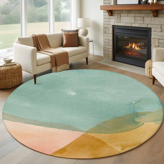 Summer Beach Round Area Rug 7Ft Washable Circle Rugs for Dorm Laundry Room, Ocean Teal Pink Yellow Graident Non-Slip Carpet Floor Mats Indoor Outdoor Carpet Runner Aesthetic Home Decor