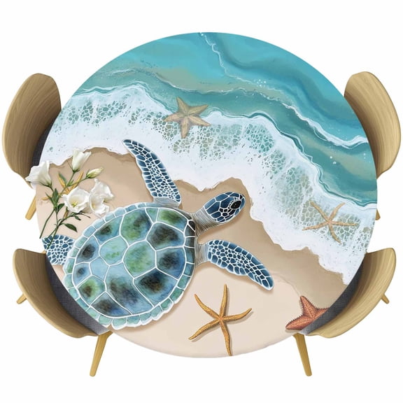 Summer Beach Round Fitted Tablecloth with Elastic Edge, Sea Turtle Spray Starfish Stretch Table Covers for 36"-44" Tables Wipeable Table Cloth for Outdoor