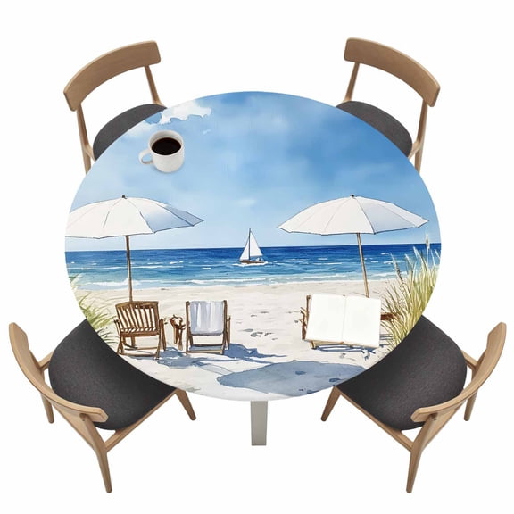 Summer Beach Round Fitted Tablecloth with Elastic Edge Sun Umbrella Blue Sky Table Cover Fit for 36"-44" Tables Waterproof Tablecloths for Dinner Camping Picnic