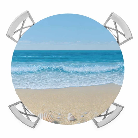 Summer Beach Round Fitted Tablecloth with Elastic Edge, Waterproof Table Cloth Table Cover for 36"-44" Tables, Coastal Ocean Waves Starfish Shell Tablecloths for Dining Picnic Indoor Outdoor
