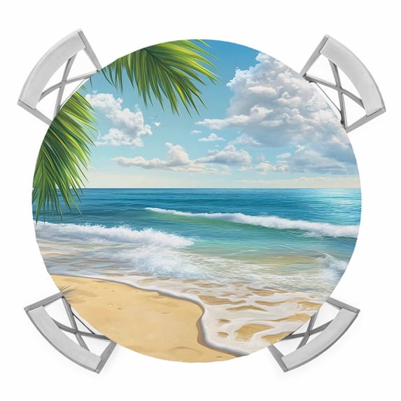 Summer Beach Round Fitted Tablecloth with Elastic Edge, Waterproof Table Cloth Table Cover for 55"-60" Tables, Coastal Ocean Tropical Palm Trees Tablecloths for Dining Picnic Indoor Outdoor