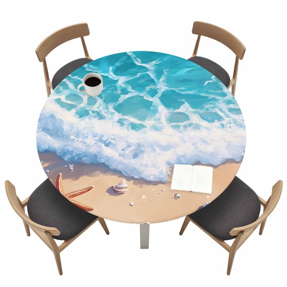 Summer Beach Round Fitted Tablecloth Ocean Starfish Shell Spray Waterproof Elastic Stretch Table Cover for 36"-44" Round Table, Oil Proof Tablecloth for Picnic Party Dinner