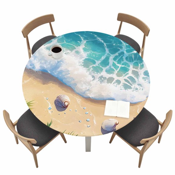Summer Beach Round Fitted Tablecloth Ocean Starfish Shell Spray Waterproof Elastic Stretch Table Cover for 36"-44" Round Table, Oil Proof Tablecloth for Picnic Party Dinner