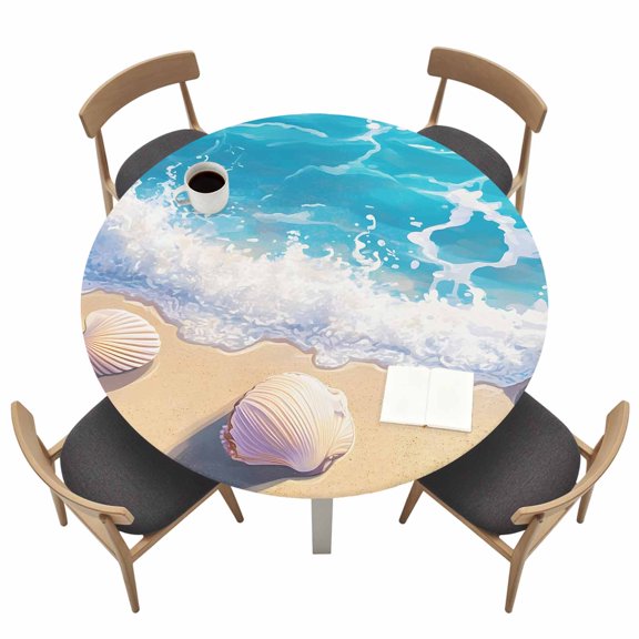 Summer Beach Round Fitted Tablecloth Shell Starfish Spray Waterproof Elastic Stretch Table Cover for 36"-44" Round Table, Oil Proof Tablecloth for Picnic Party Dinner